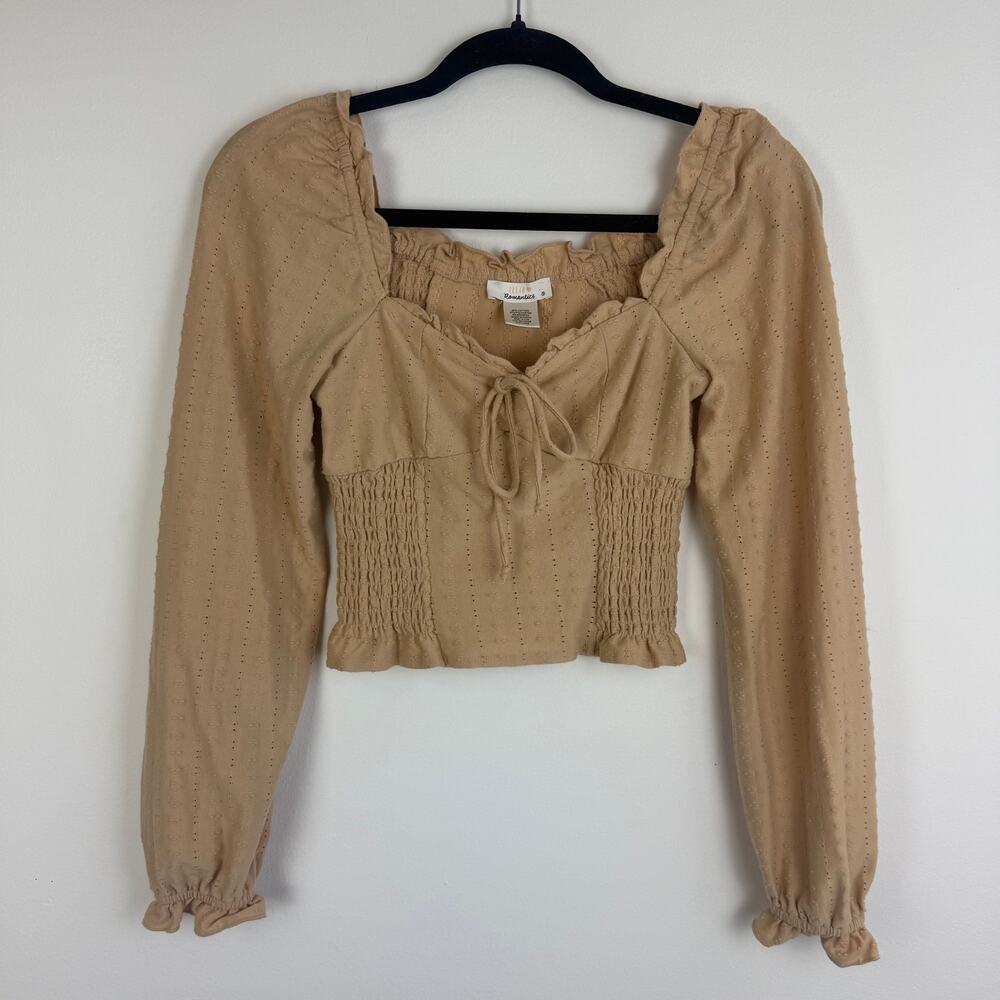 Urban Romantics Womens Balloon Sleeve Eyelet Smocked Tie Cropped Tan Top Small